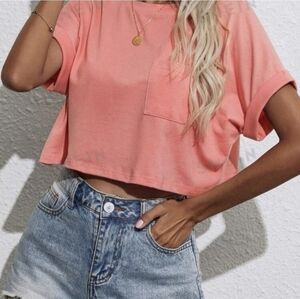 SHEIN Batwing Sleeve Pocket Patched Crop Tee Coral Pink Size Medium NWOT
